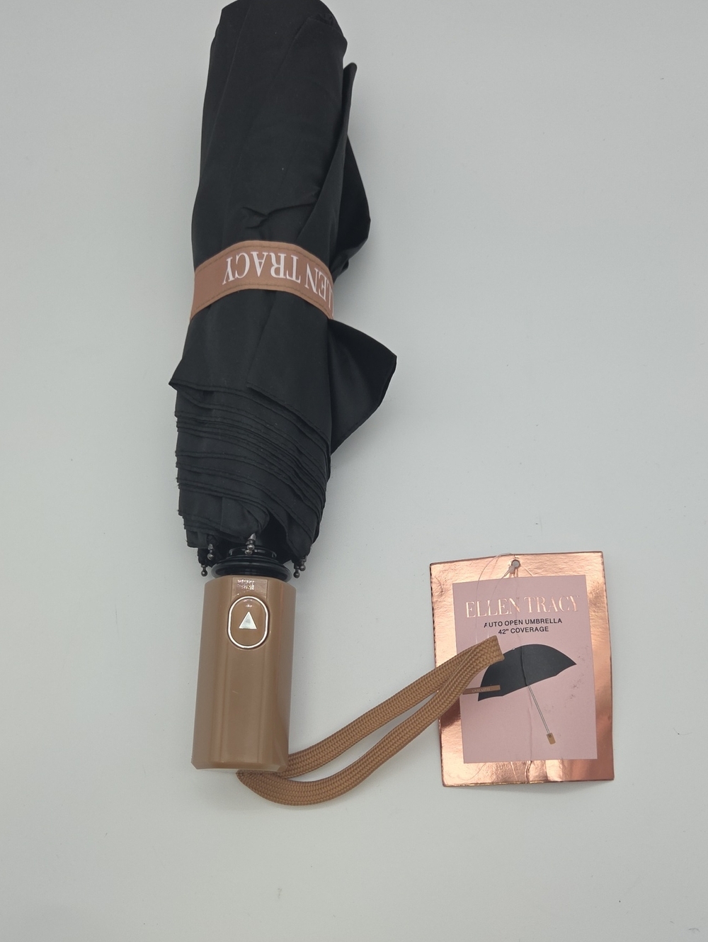 Ellen Tracy Black and Tan Compact Umbrella
